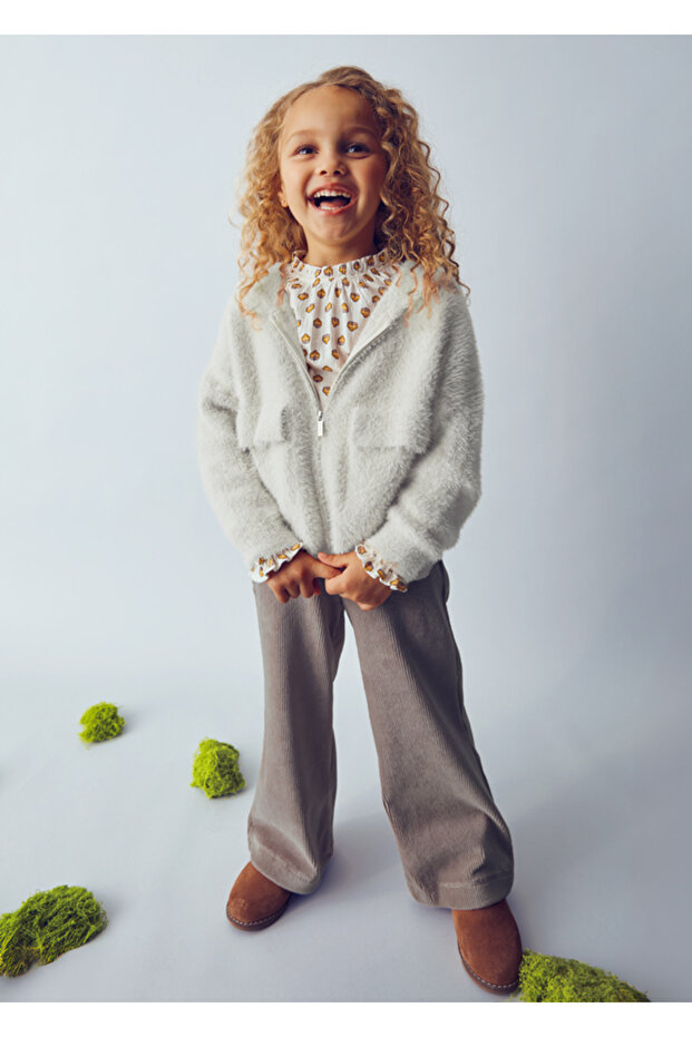 Girl's Hooded Furry Knitted Jacket Cream