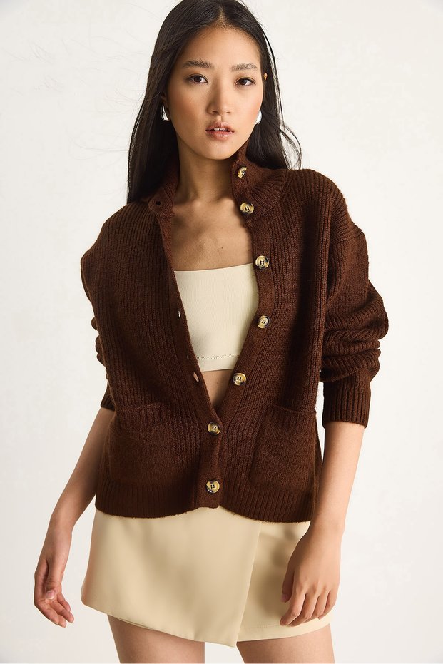 Women's Bitter Brown Thessaloniki Knitted Cardigan with Pockets 20246941