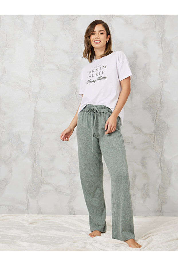 Slogan Printed T-Shirt and Ruffle Waist Pyjama Set