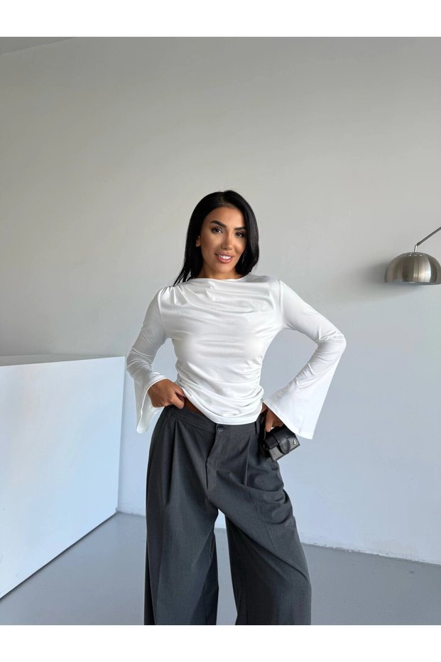 Women's White Drape Detailed Spanish Sleeve Sany Blouse Hzl25W-Fry123431