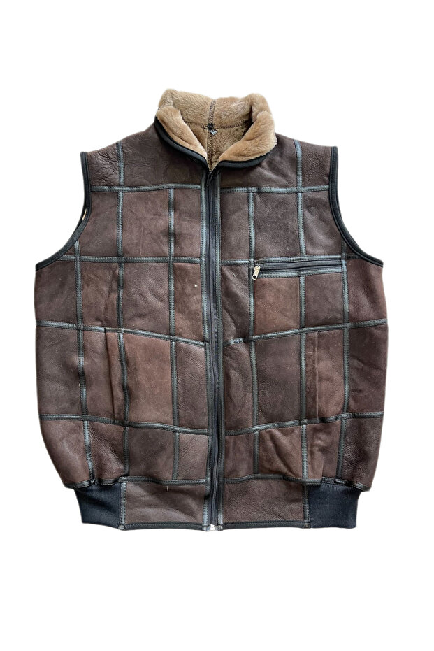 Patchwork Inside Fur-Outside Suede Genuine Leather Collared Vest with Piping and Knitwear Detail