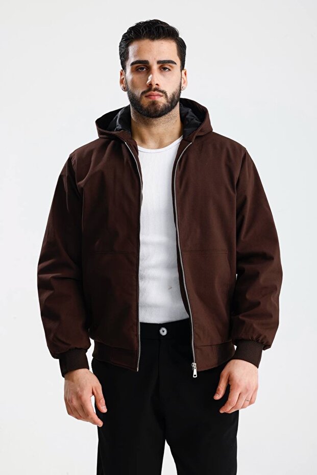 Hooded Brown Gabardine Oversize Bomber Jacket