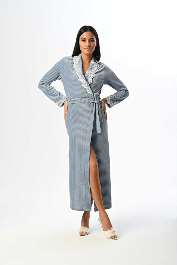 Women's Blue Velvet Shawl Collar Lace Winter Special Design Full Length Dressing Gown