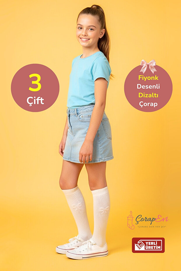 Girl's Cotton Bow Patterned White Knee-Length School Daily Socks - 4 Different Sizes - 3 Pairs