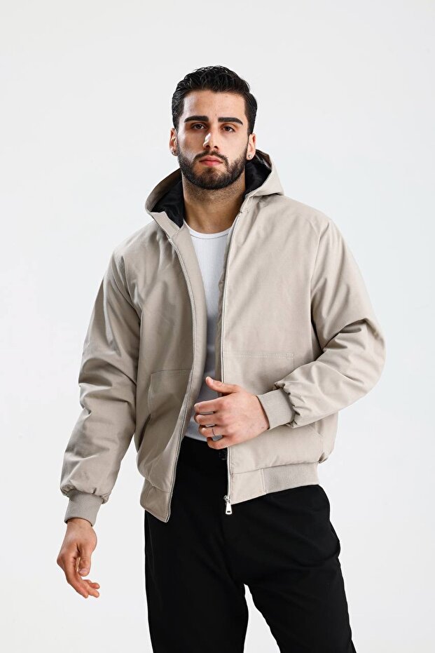 Hooded Cream Gabardine Oversize Bomber Jacket
