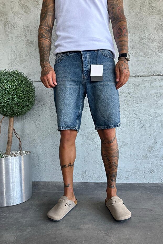 Denim Kumaş Mavi Baggy Kalıp Erkek Jean Kot Şort KE-817 - 3
