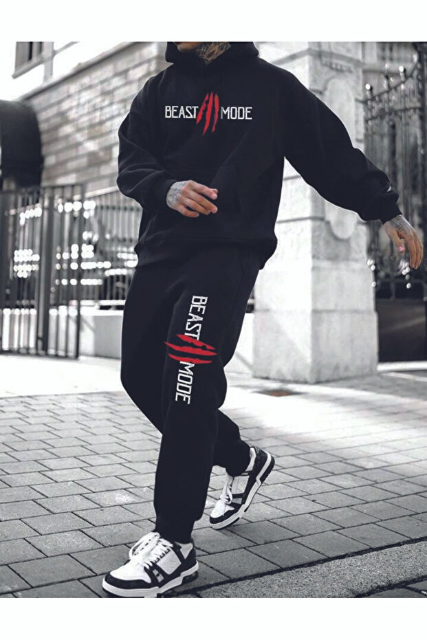 Beast Mode Winter Tracksuit Set Sweatshirt Sweatpants - Black Printed Oversize Hoodie