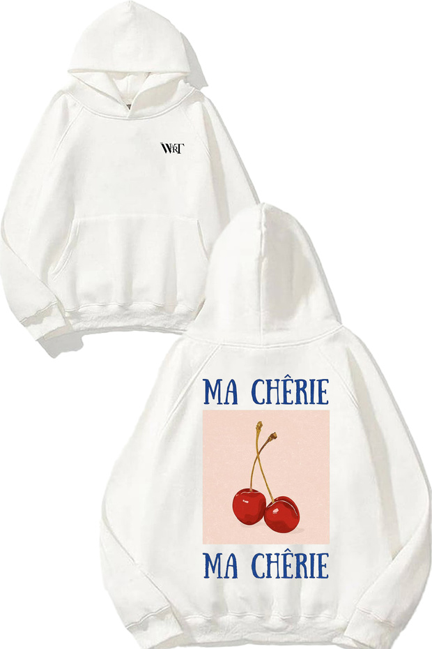 سويت شيرت أبيض بقلنسوة وطبعة خلفية بتصميم Cherry 2