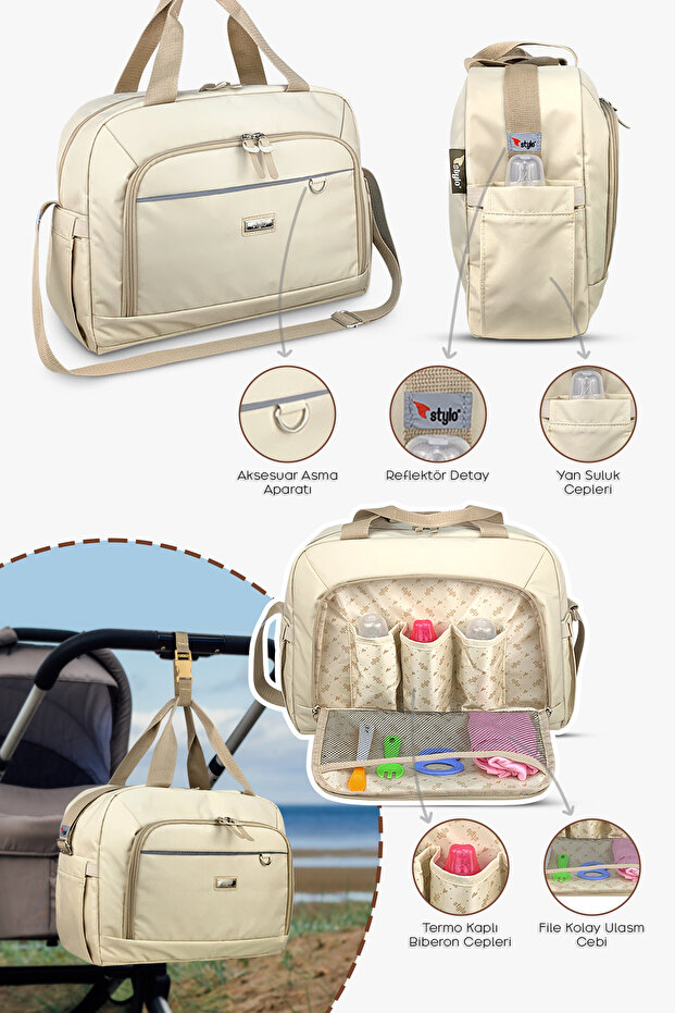 3'lü Set Anne Bebek Bakım Sırt Çantası & Urban Anne Bebek Omuz Çantası ve Termos Çanta-Bej - 4
