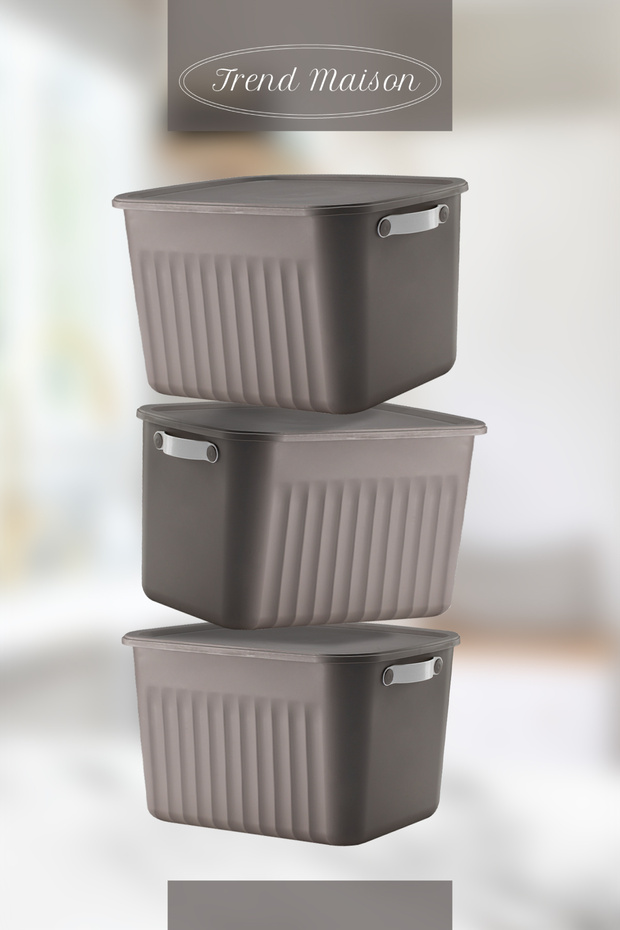 Gri Çok Amaçlı Kapaklı Saklama Seti, Dekoratif Organizer 3'lü - 4