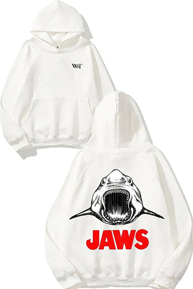 سويت شيرت أبيض بقلنسوة مطبوع عليه تصميم Jaws 1 على الظهر