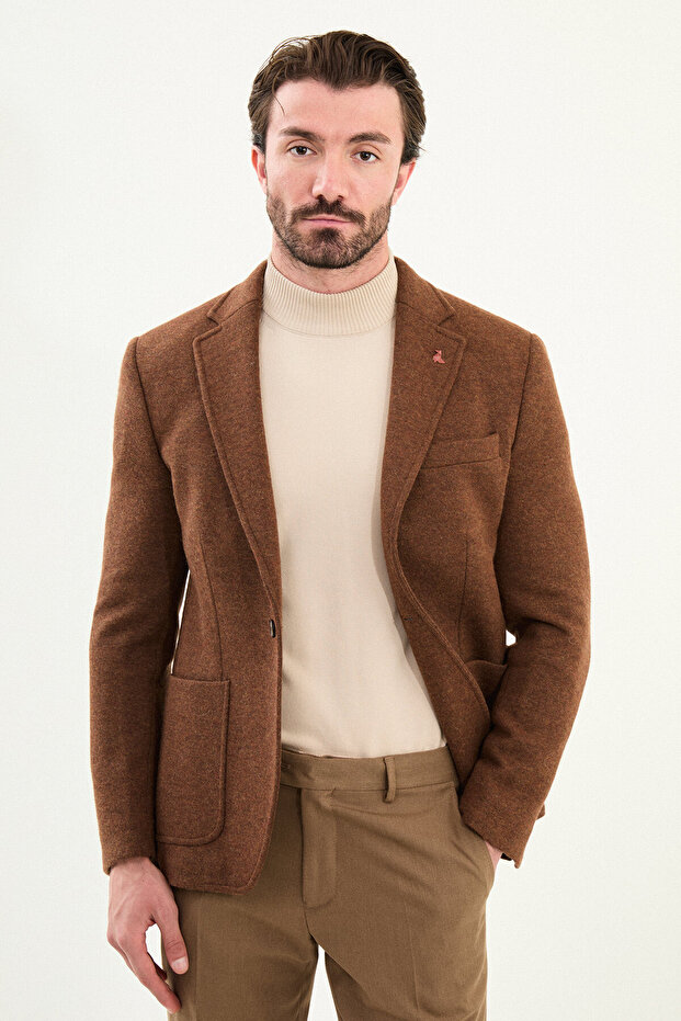 Straight Slim Fit Bag Pocket Mono Collar Wool Men's Jacket Camel - 44310.24K