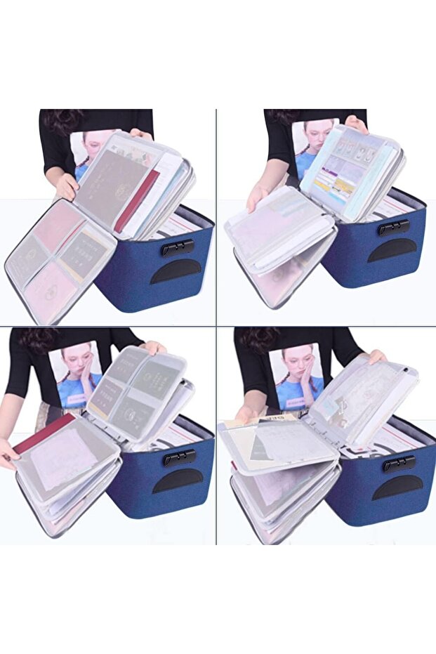 Document Storage Bag with Security Code, Waterproof, 5 Compartments, Blue - 2