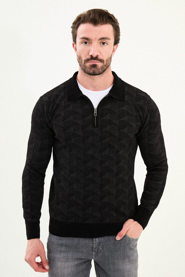 Patterned Slim Fit Zippered Polo Collar Chenille Fabric Men's Knitwear Sweater Black - 11555.25K