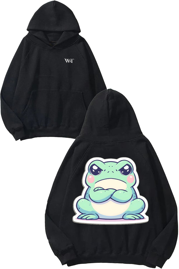Grumpy Frog 2 Design Back Printed Black Hooded Sweatshirt