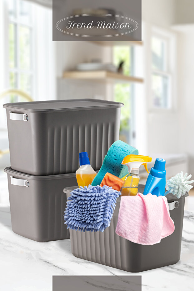 Gri Çok Amaçlı Kapaklı Saklama Seti, Dekoratif Organizer 3'lü - 6