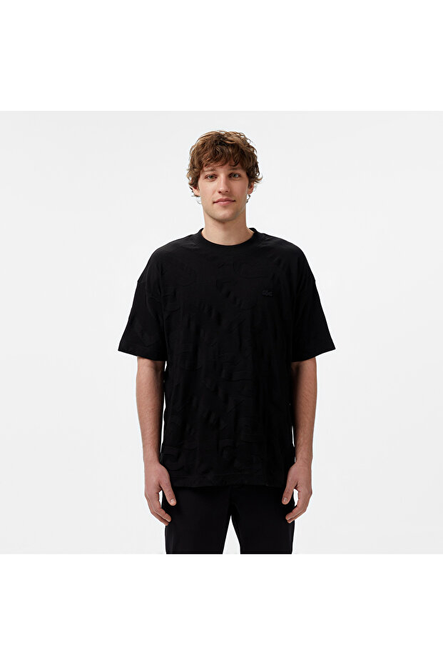 Erkek Bisiklet Yaka Desenli Siyah T-Shirt - 1