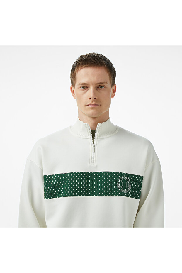 Erkek Loose Fit Yarım Fermuarlı Baskılı Beyaz Sweatshirt - 2