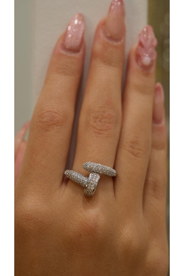 Silver Zircon Stone Nail Model Ring