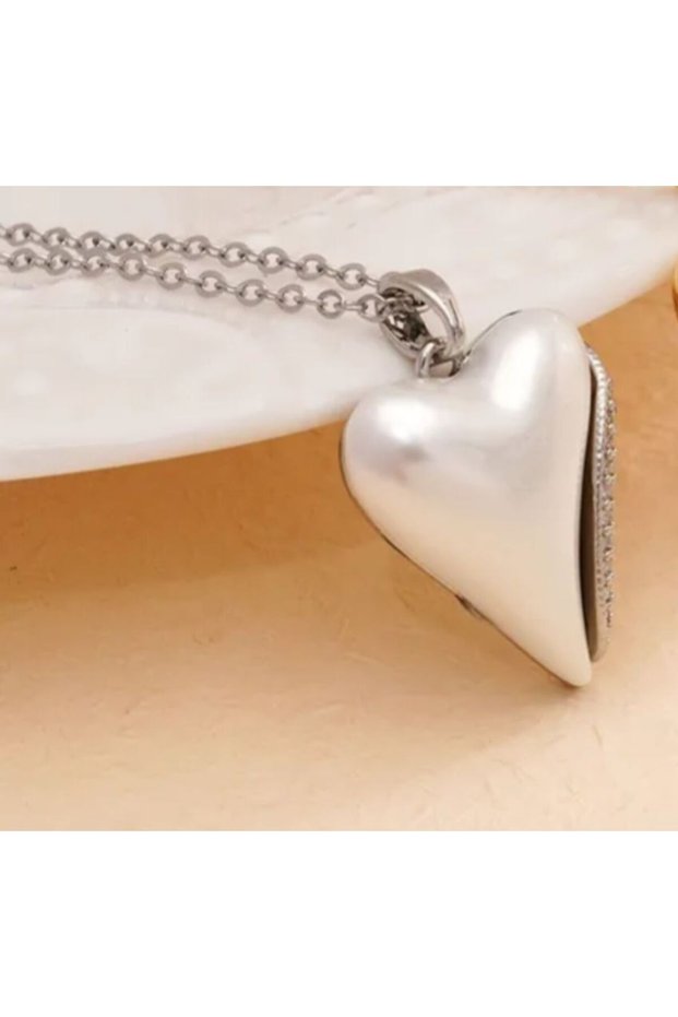 Mother of Pearl Zircon Stone Steel Heart Necklace