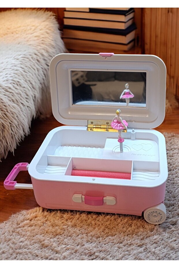 Müzikli bavul tasarımlı şık takı saklama kutusu, pembe renkli ve kullanışlı. - 1