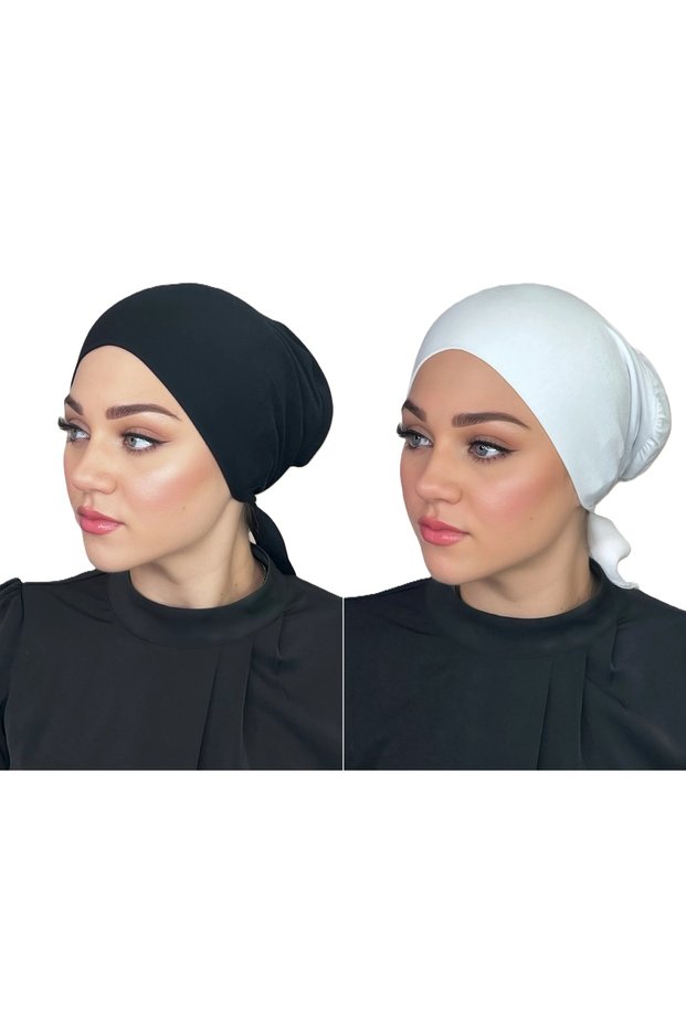 Tie-Back Jersey Bonnet Caps Under Scarf Head Wraps Lightweight and Comfortable- Black & White Set