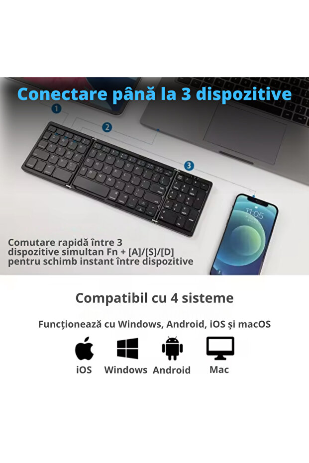 Foldable, universal, tri-fold wireless keyboard with free wireless mouse, Bluetooth multi-device - 3