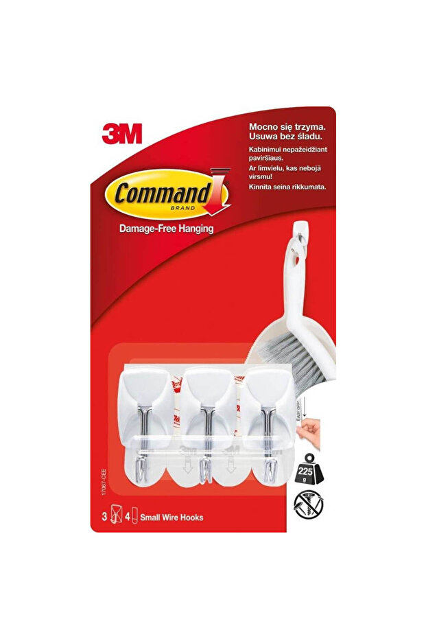 Set of 3 small hooks with metal rod and 4 double-sided adhesive tapes COMMAND, White - 1