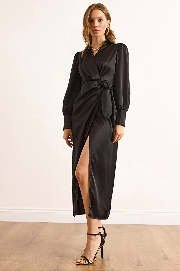 Women's Black Side Tie Detailed Double Breasted Maxi Satin Dress Elb-19002538
