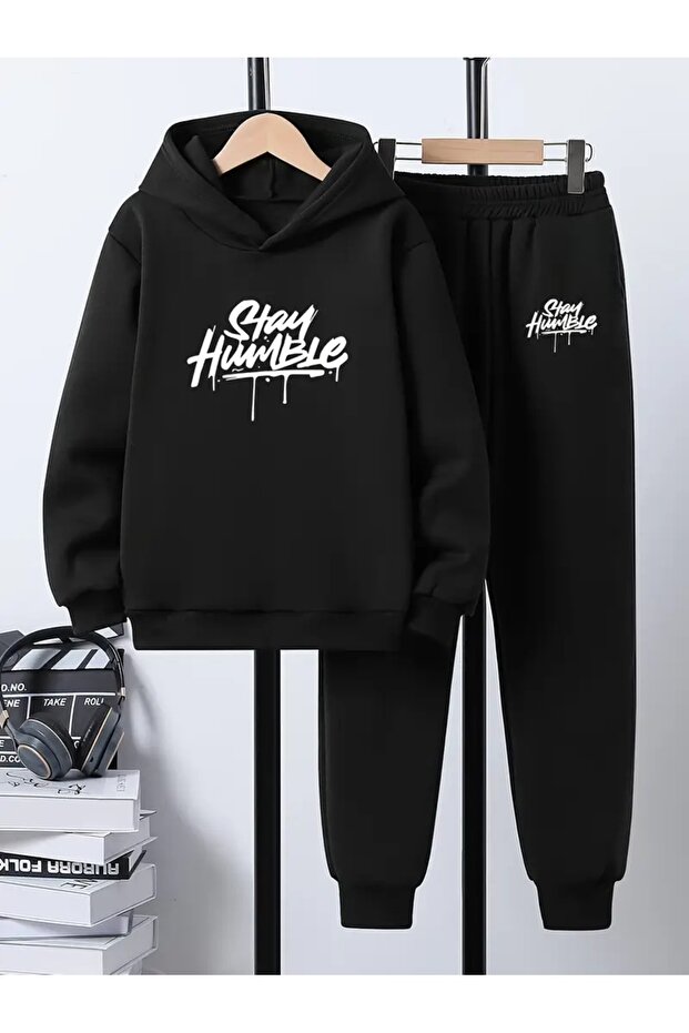 Children's Printed Hooded Sweatshirt and Tracksuit Set 3-Thread Brushed Inside for Autumn/Winter