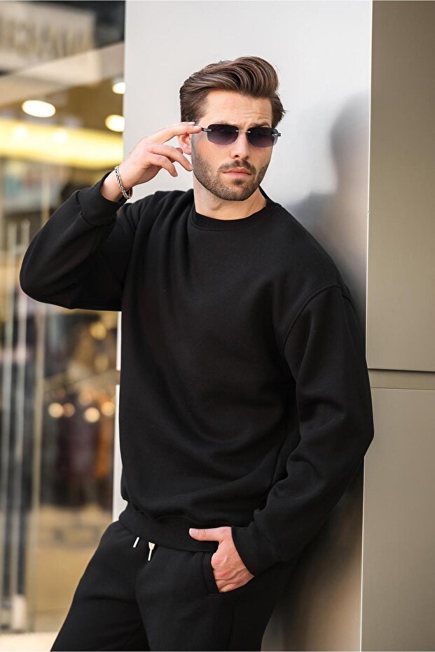 Siyah Bisiklet Yaka Basic Eşofman Takımı E7329 - 4