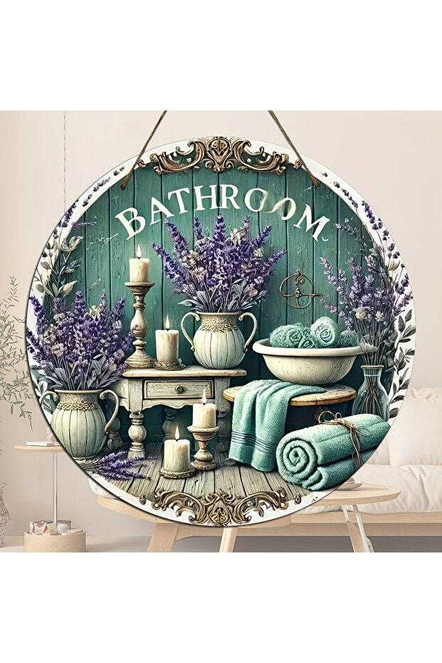 MULTI Rustic Style Wooden Bathroom Wall Decor - Lavender and Candle Theme, Round Wooden Sign with th