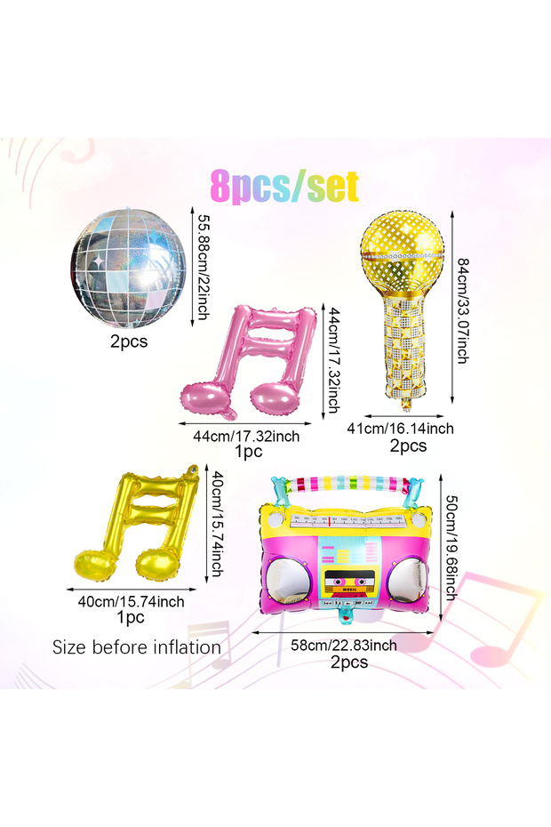 Other balloon set 8pcs 80s 90s Radio Microphone Aluminum Film Balloons 4D Disco Ball Double Music No
