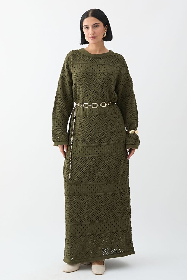 Patterned Openwork Khaki Knitwear Dress