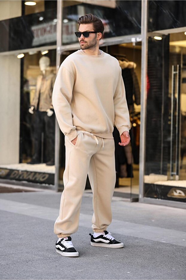 Bej Bisiklet Yaka Basic Eşofman Takımı E7329 - 4