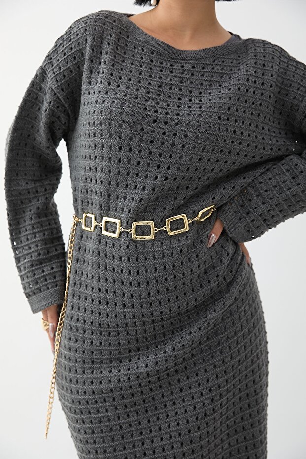 Ajurlu Antrasit Triko Elbise - 2