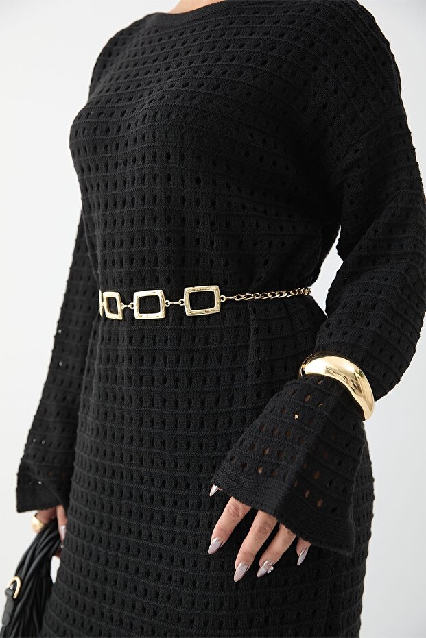 Ajurlu Siyah Triko Elbise - 3