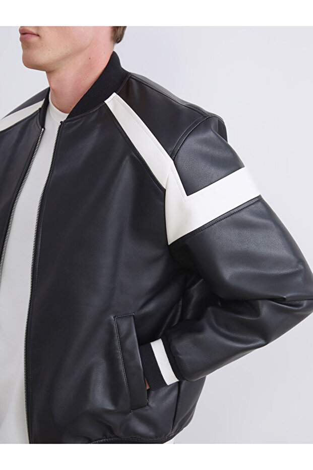 Create Your Style from Uzg Store | Standard Fit College Collar Men's Leather Look Jacket - 4