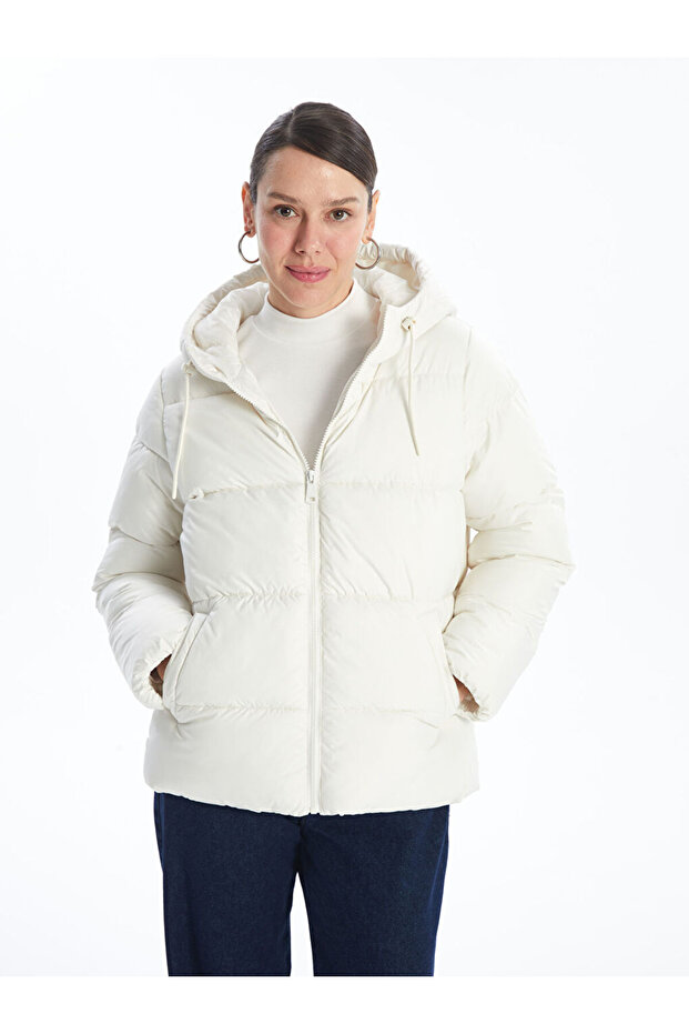 Ecru Hooded Women's Puffer Coat