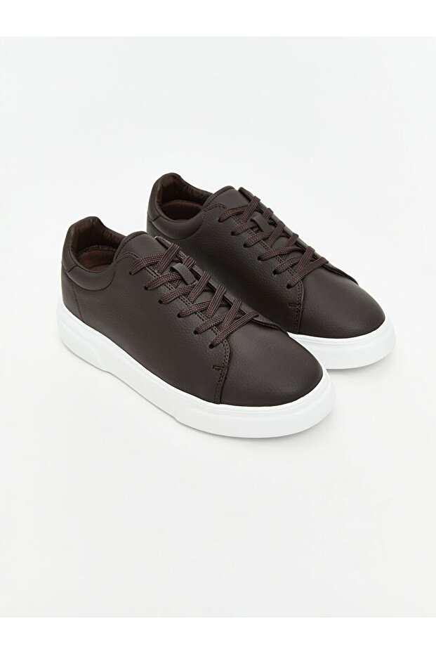 Kahverengi Bağcıklı Deri Görünümlü Erkek Spor Ayakkabı - 1