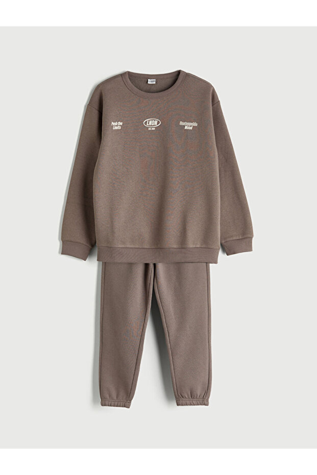Beige Crew Neck Printed Baby Boy Sweatshirt and Sweatpants Set of 2