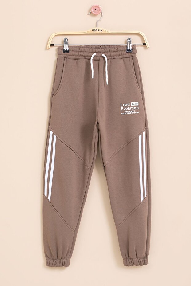 Brown Stripe Detailed Letter Printed Boys' Sweatpants with Elastic Waist 21455