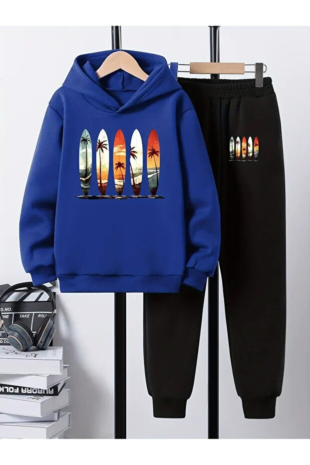 Children's Printed Hooded Sweatshirt and Sweatpants Set 3 Thread Raster for Autumn/Winter