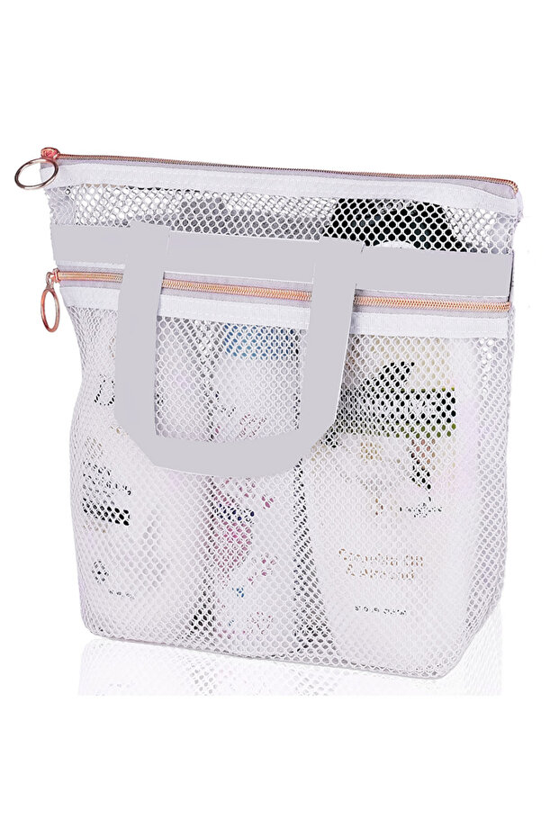 white Portable Shower Handbag, Transparent Mesh Makeup Bag, Storage Bag, Travel Wash Bag, Mesh Beach