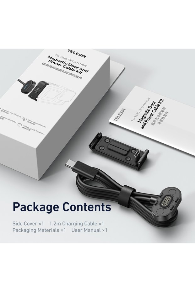 1pcs TELESIN Magnetic Waterproof Charging Side Cover Cable KIT For Gopro hero 9 10 11 12 13 Type-C C