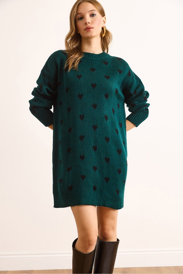 Women's Emerald Green Mini Heart Detailed Thick Knitwear Tunic Dress Elb-19002537