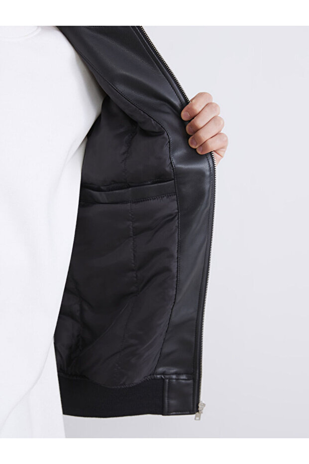 Create Your Style from Uzg Store | Standard Fit College Collar Men's Leather Look Jacket - 5