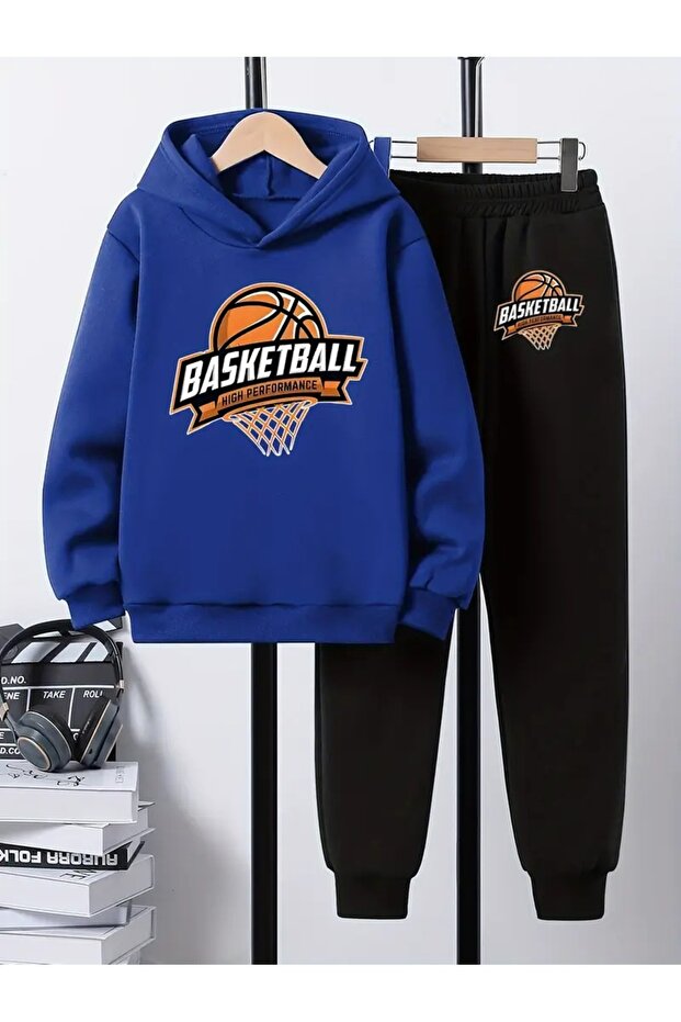 Children's Printed Hooded Sweatshirt and Tracksuit Set 3-Thread Brushed Inside for Autumn/Winter