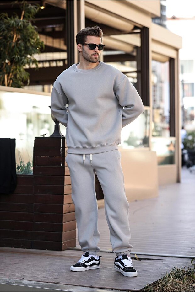 Painted Gray Crew Neck Basic Tracksuit Set E7329 - 1