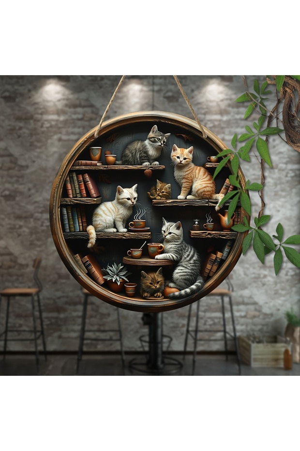 MULTI 1pc, cat lover round wooden hanging sign 20cm x 20cm, whimsical cat in library wall art, multi